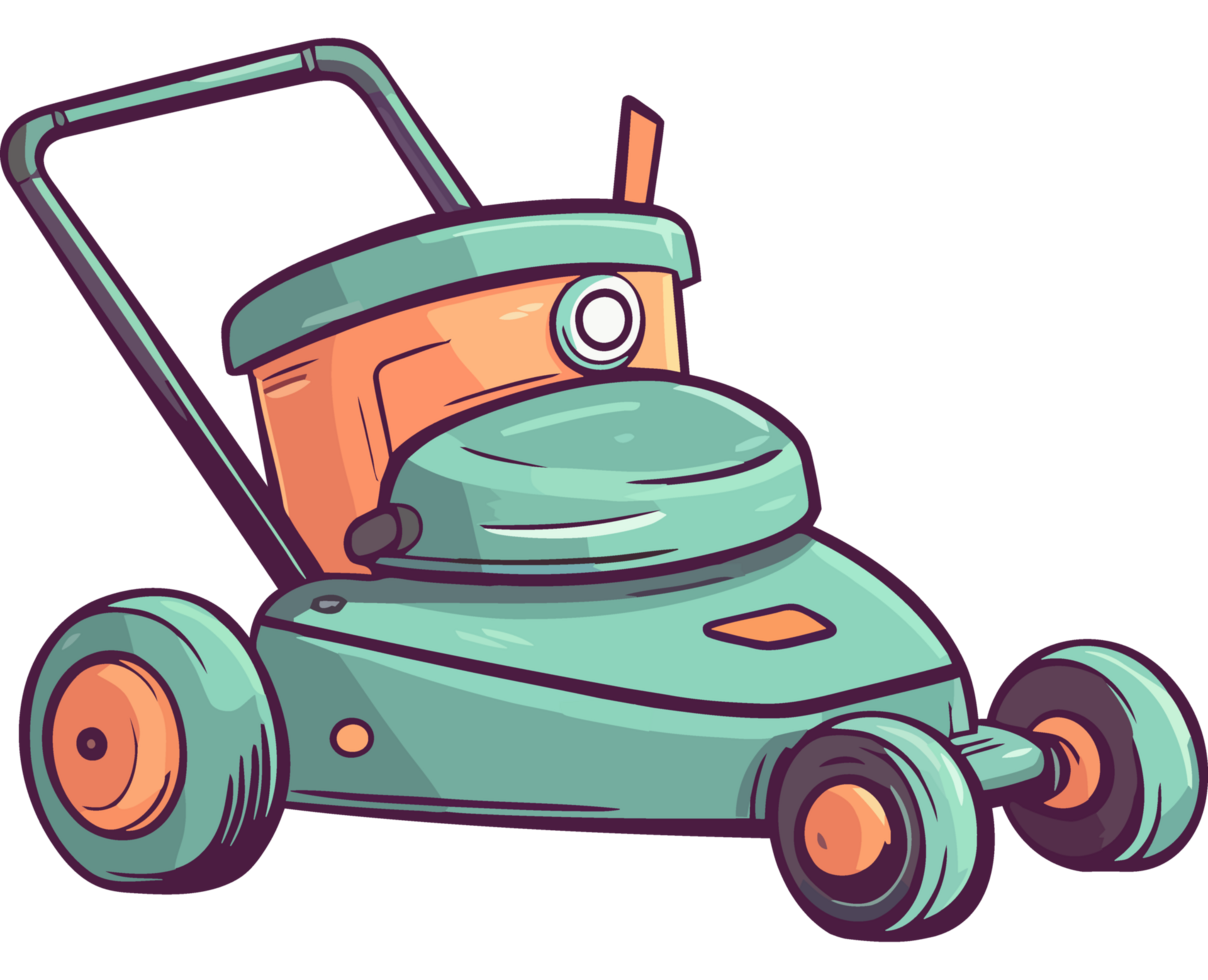 A cartoon lawn mower with a green and orange color png