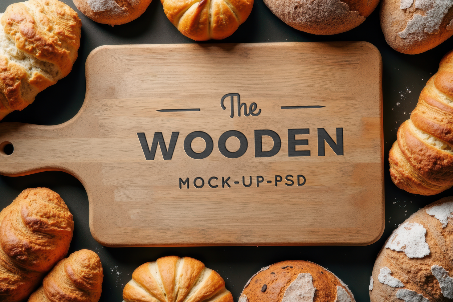 Wooden Cutting Board Mockup with Bread Around It psd