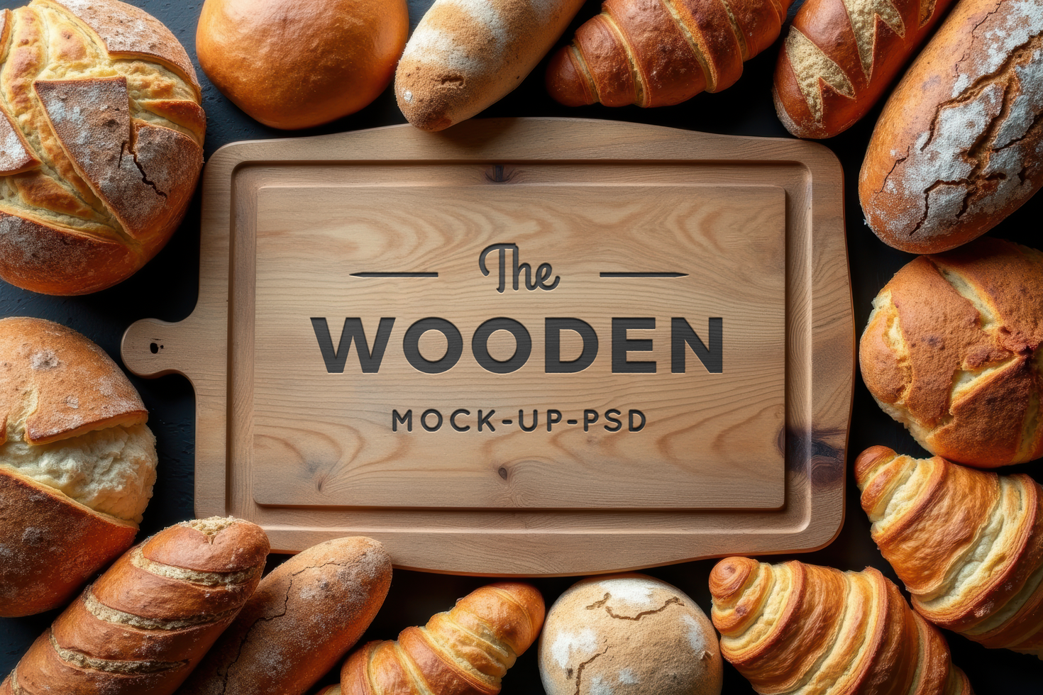 Mockup of wooden cutting board with bread around it psd