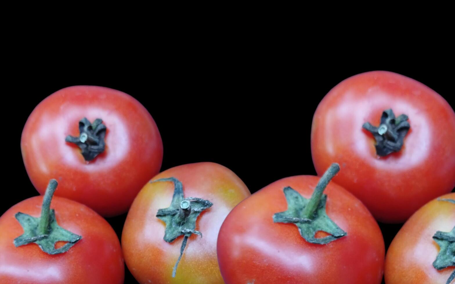 Set of red tomato vegetable fruits on black background good for food. photo