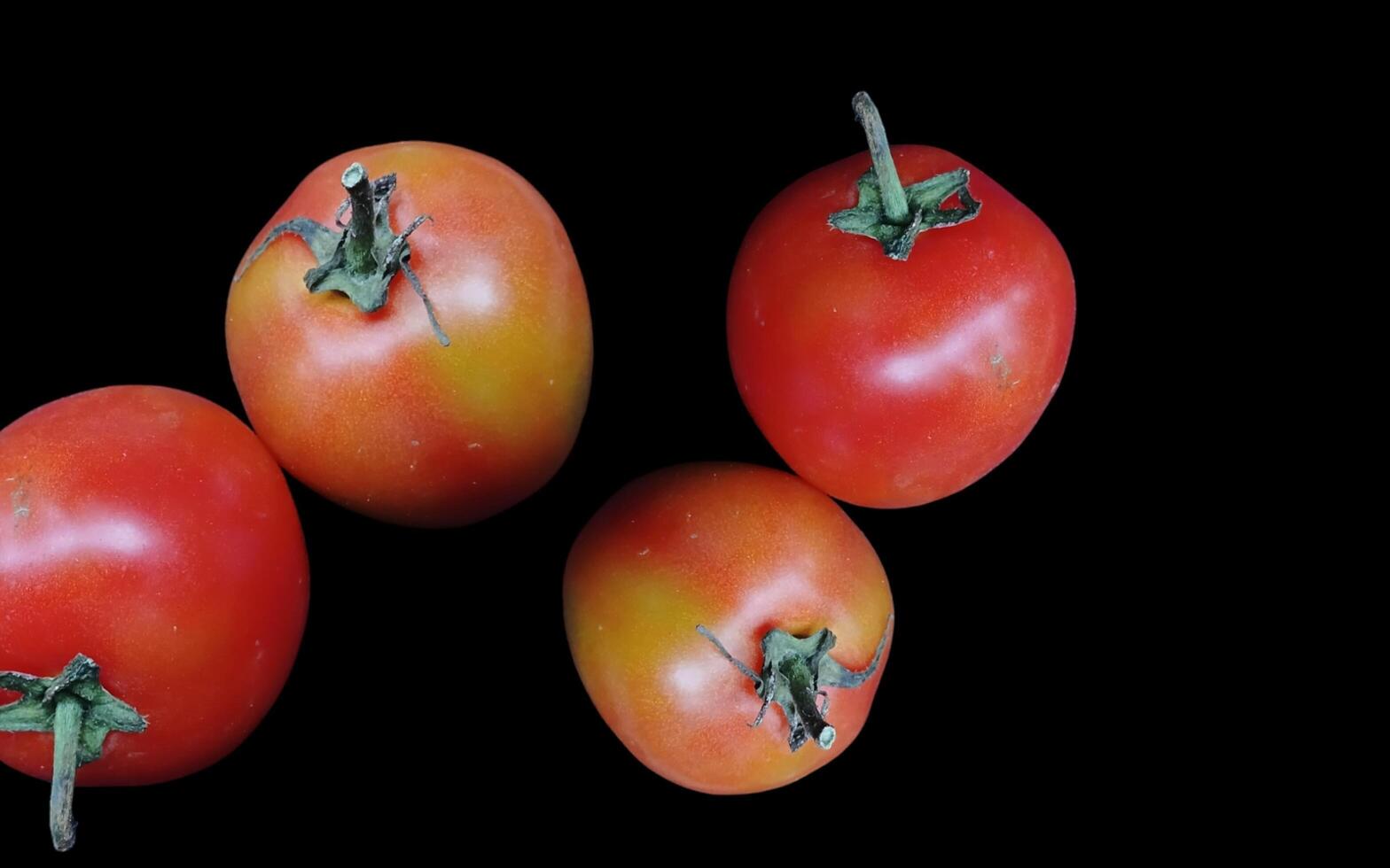 Set of red tomato vegetable fruits on black background good for food. photo