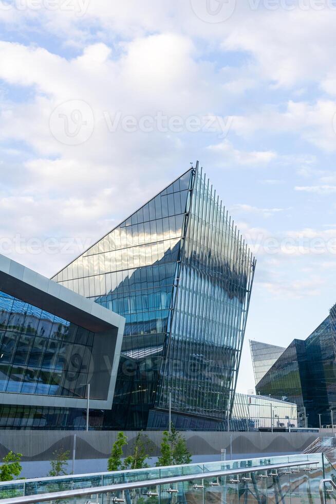 modern architecture, facade elements of contemporary building against evening sky photo