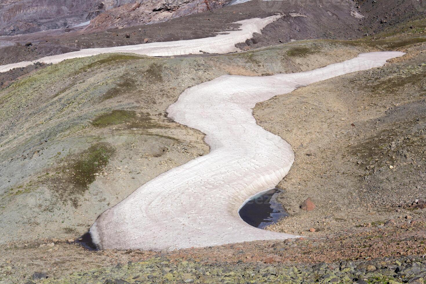 mountain landscape, rocky bed of melting glacier with frozen meltwater lake photo