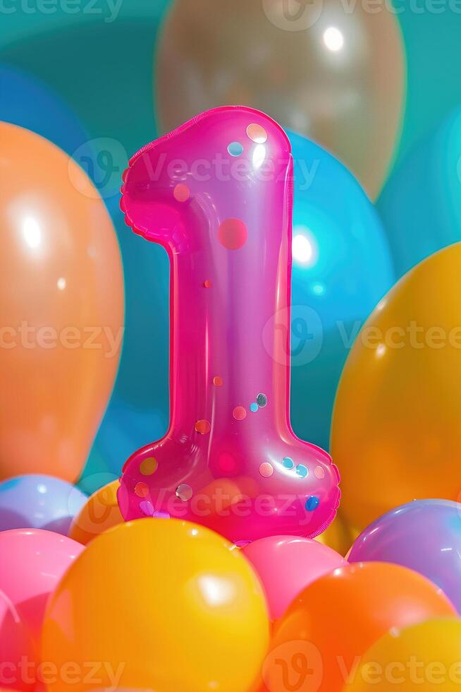 Colorful number one with balloons. Playful symbol 1. Invitation for first birthday party, business anniversary, or any event celebrating first milestone. Vertical greeting card design. photo