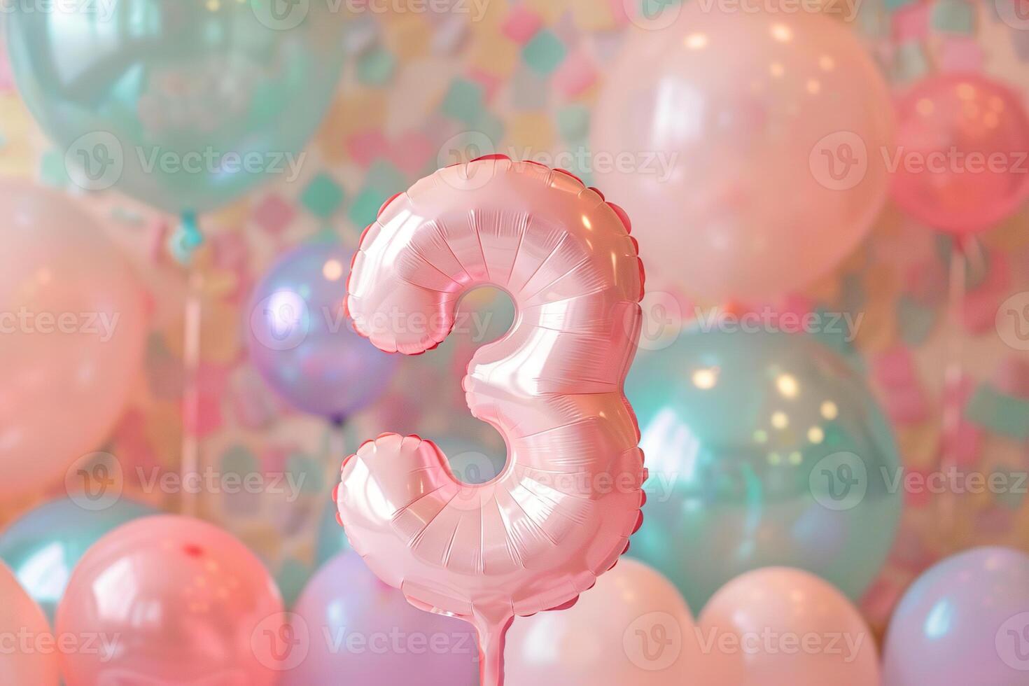 Pink, girlish number three with balloons. Playful symbol 3. Invitation for third birthday celebration. Children, kids party. Greeting card design for girl. Women business three years. photo