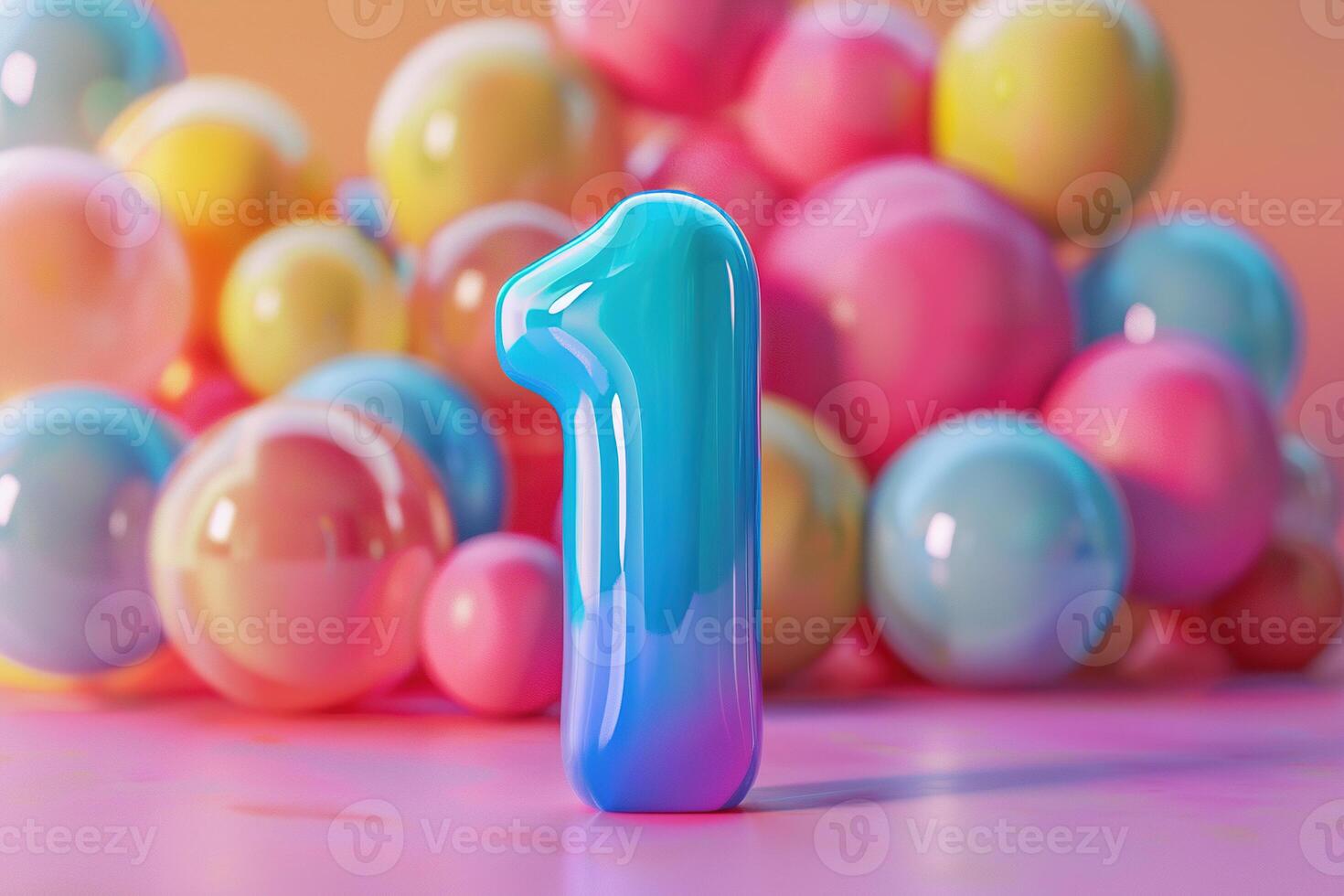 Colorful number one with balloons. Playful symbol 1. Invitation for a first birthday party, business anniversary, or any event celebrating first milestone. Greeting card design. photo
