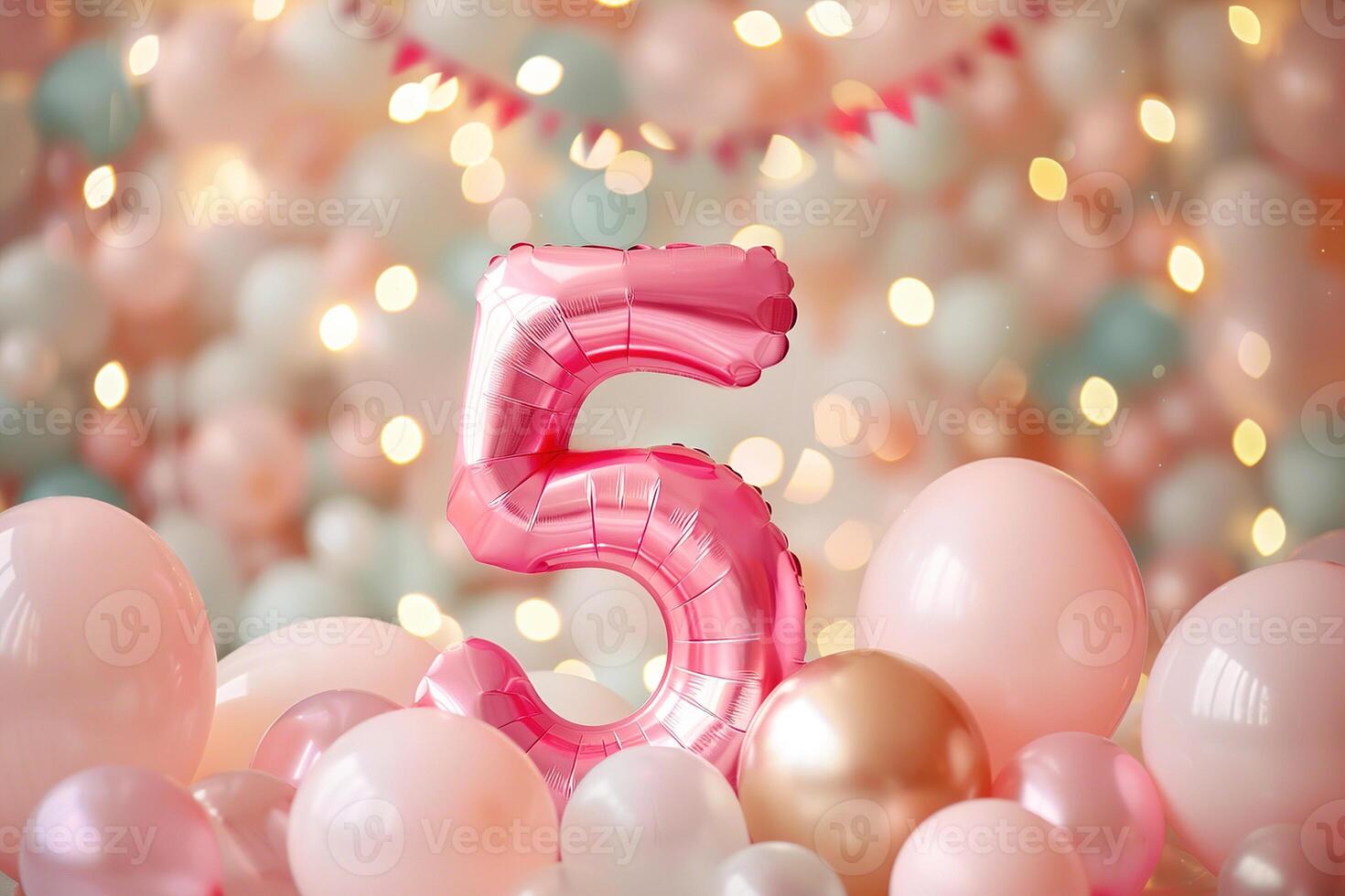 Pink, girlish number five with balloons. Playful symbol 5. Invitation for fifth birthday celebration. Children, kids party. Greeting card design for girl. Women business five years. photo