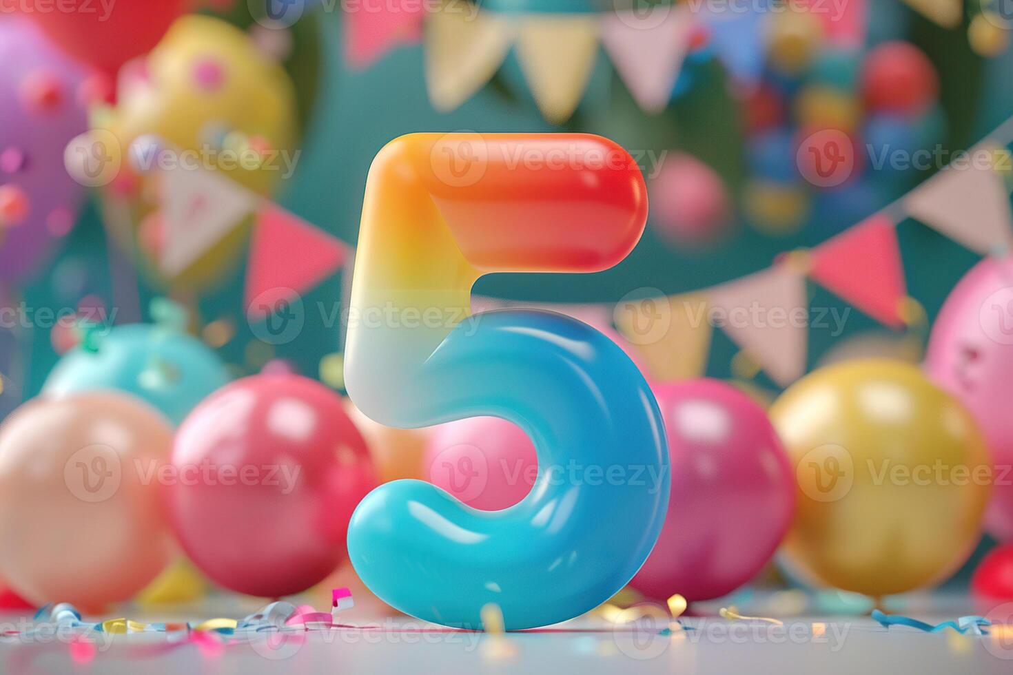 Colorful gradient number five with balloons. Playful symbol 5. Invitation for a fifth birthday party, business anniversary, or any event celebrating a fifth milestone. photo