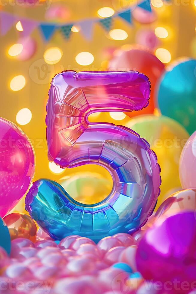 Colorful gradient number five with balloons. Playful symbol 5. Invitation for fifth birthday party, business anniversary, or event celebrating a fifth milestone. Vertical greeting card. photo