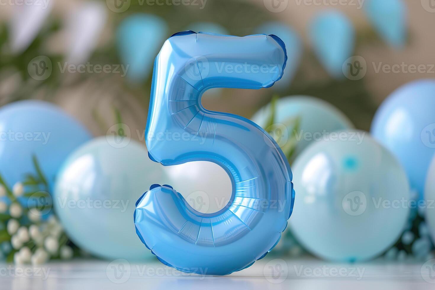Blue number five with balloons. Playful symbol 5. Invitation for fifth birthday celebration. Children, kids party. Greeting card design for boy. photo