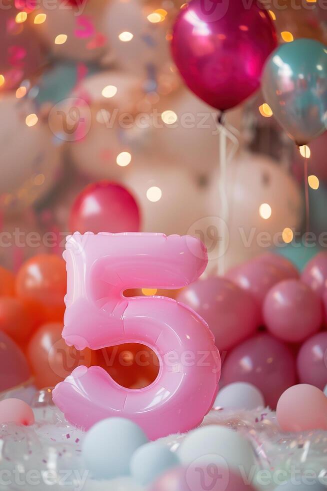 Pink, girlish number five with balloons. Playful symbol 5. Invitation for fifth birthday celebration. Children, kids party. Vertical greeting card for girl. Women business five years. photo