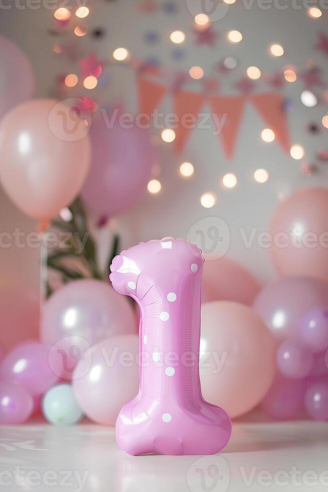 Pink, girlish number one with balloons. Playful symbol 1. Invitation for first birthday celebration. Children, kids party. Greeting card design for baby girl. Women business one year. photo