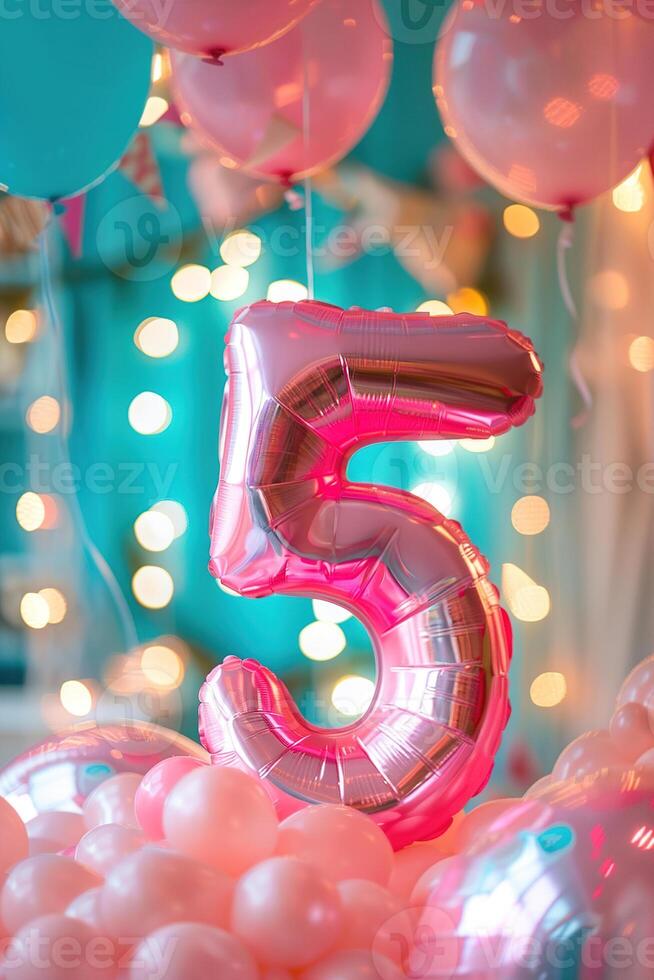 Pink, girlish number five with balloons. Playful symbol 5. Invitation for fifth birthday celebration. Children, kids party. Vertical greeting card for girl. Women business five years. photo
