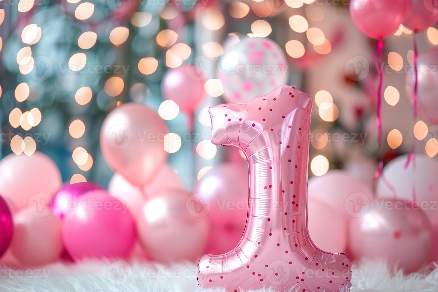 Pink, girlish number one with balloons. Playful symbol 1. Invitation for first birthday celebration. Children, kids party. Greeting card design for baby girl. Women business one year. photo