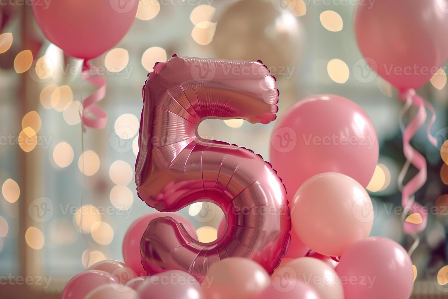 Pink, girlish number five with balloons. Playful symbol 5. Invitation for fifth birthday celebration. Children, kids party. Greeting card design for girl. Women business five years. photo