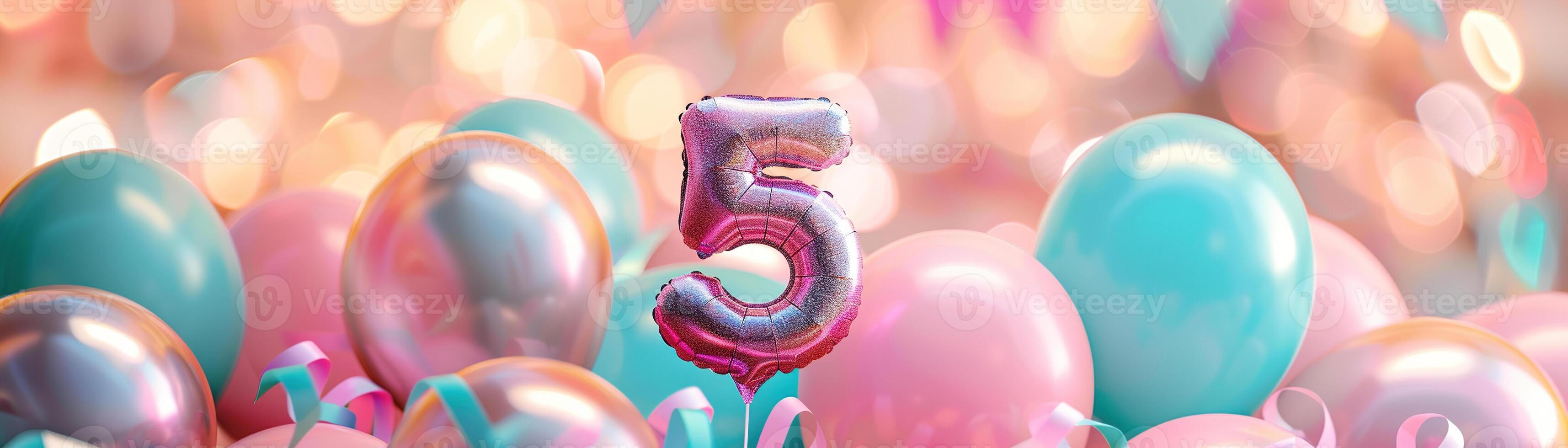 Pink, girlish number five with balloons. Playful symbol 5. Invitation for fifth birthday celebration. Children, kids party. Greeting card design for girl. Women business five years. photo