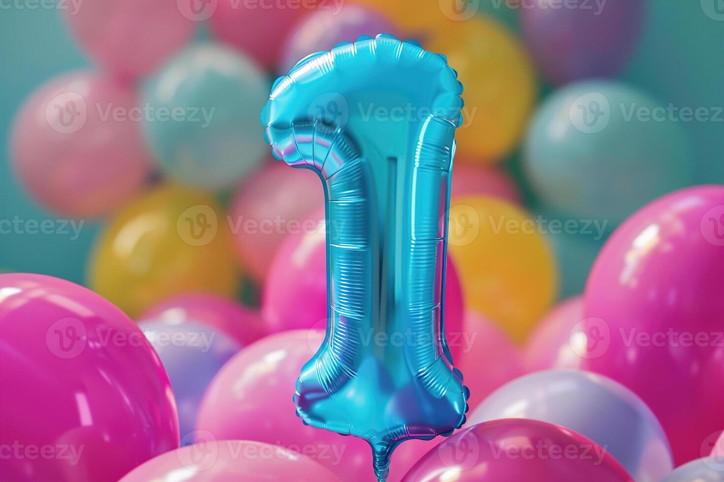 Colorful number one with balloons. Playful symbol 1. Invitation for a first birthday party, business anniversary, or any event celebrating first milestone. Greeting card design. photo