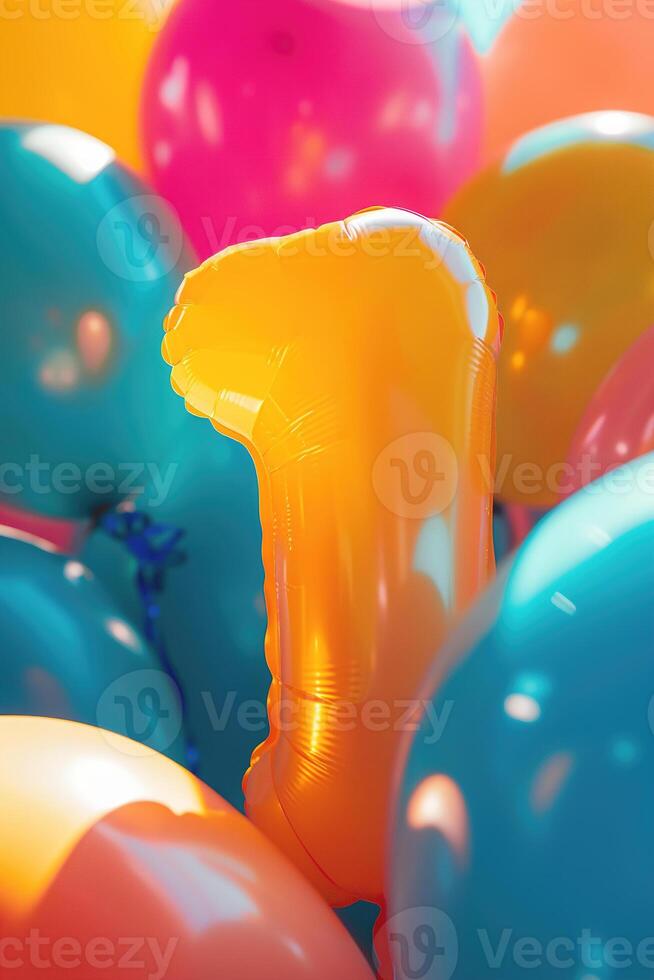 Colorful number one with balloons. Playful symbol 1. Invitation for first birthday party, business anniversary, or any event celebrating first milestone. Vertical greeting card design. photo