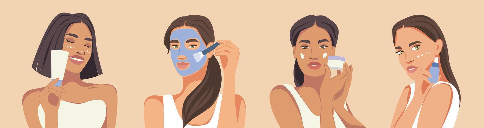 Beautiful women of different skin colors and cultures take care of their skin. Cosmetology, facial care cosmetics, young skin, creams, masks, patches. illustration for website advertising vector
