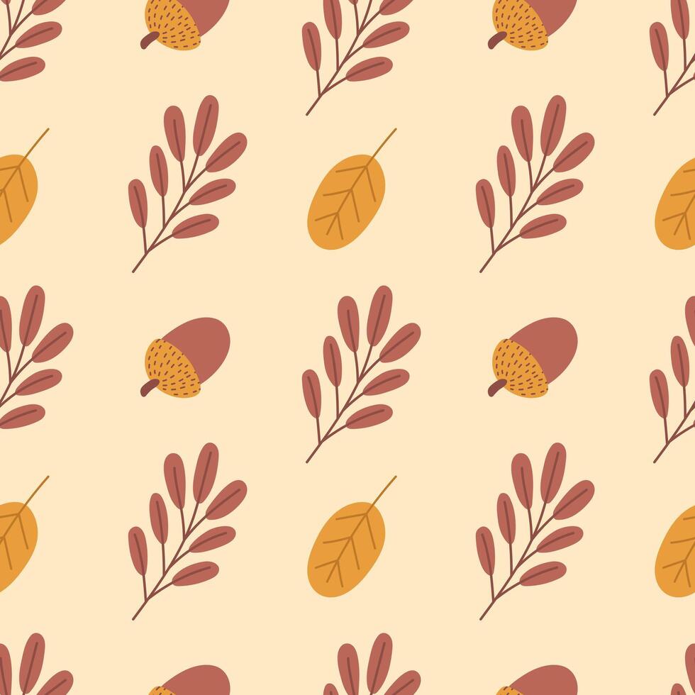 Autumn leaves and acorn seamless pattern. Leaf and nut on a beige background. Cute illustration for background, fabric, cover, packaging, wrapping paper vector