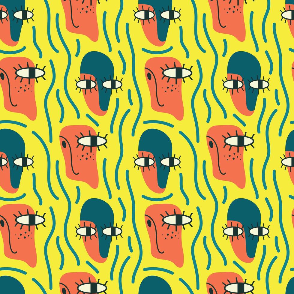 Abstract seamless pattern. A face with big eyes and stripes on a bright yellow background. Psychedelic illustration for packaging, fabric, wrapping paper, cover, case vector