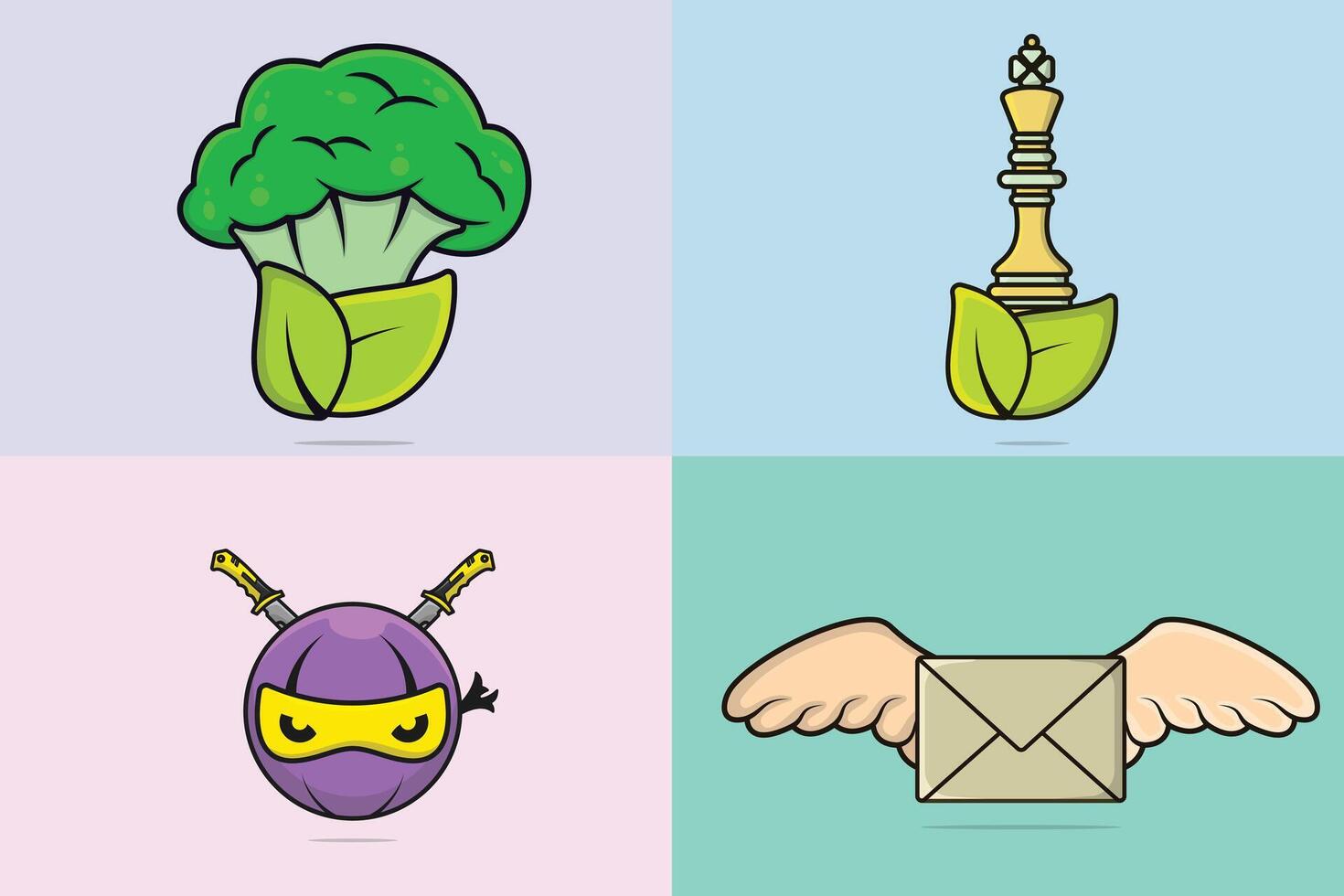 Collection of Fresh Broccoli with Green Leaves with King Chess and Ninja Head with Flying Envelope illustration. vector