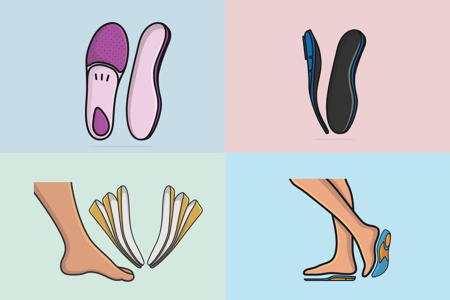 Set of Comfortable Orthotics Shoe Insole Pair, Arch Supports illustration. Fashion object icon concept. Collection of insoles for a comfortable and healthy walk design with shadow. vector