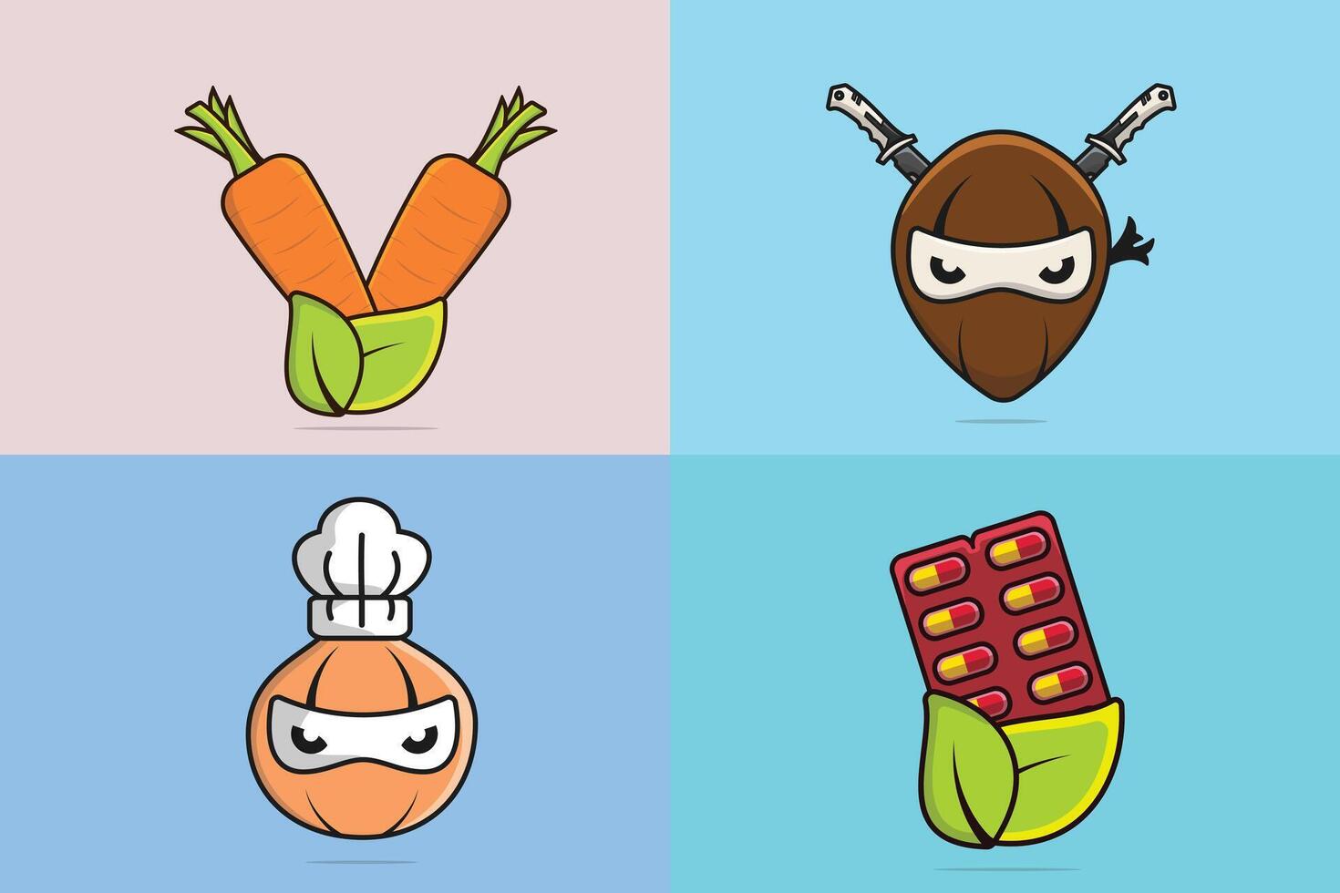 Collection of carrots with coconut and onion with pills illustration. vector