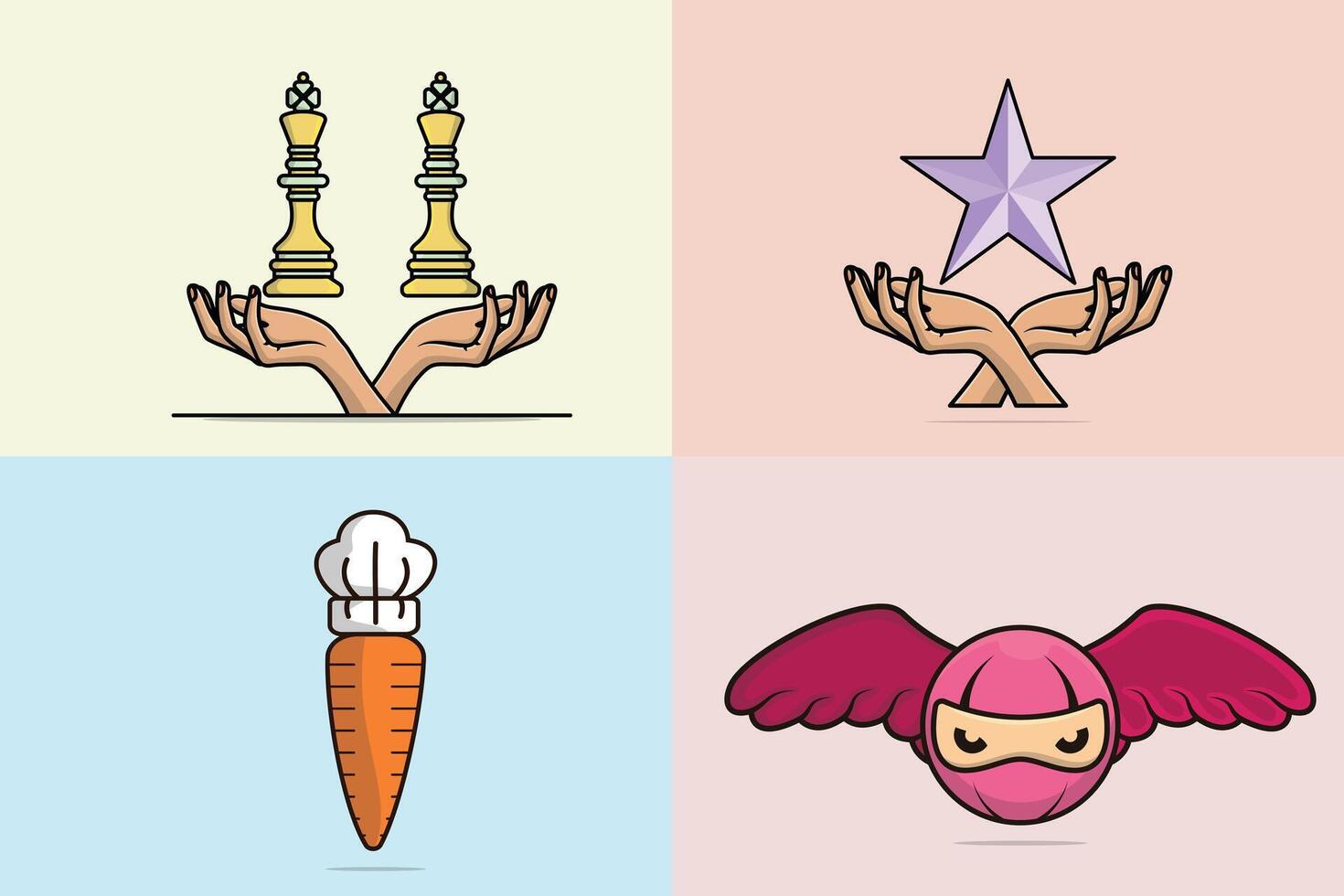 Collection of Carrot Wearing Chef Cooking Hat with King Chess and Flying Ninja Head with Wings with star illustration. vector