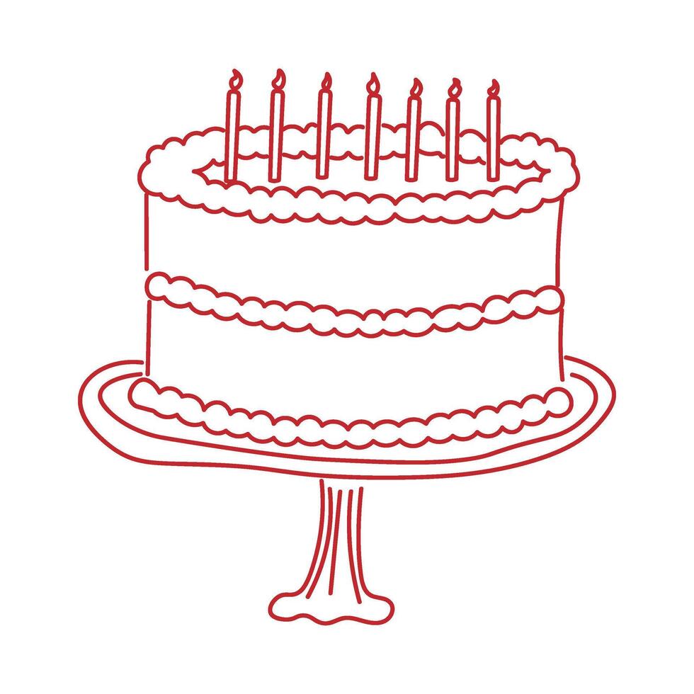 Delicate tasty cake with candles on a stand. Perfect for card of birthdays, party, anniversary. Modern trendy doodle style vector