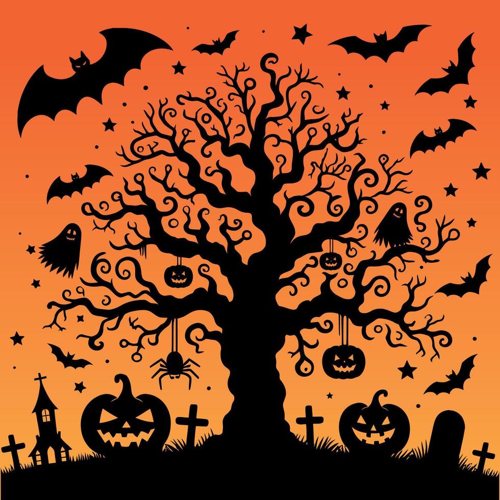 Halloween trees flying ghost pumpkins and bats horror night isolated silhouette illustration vector