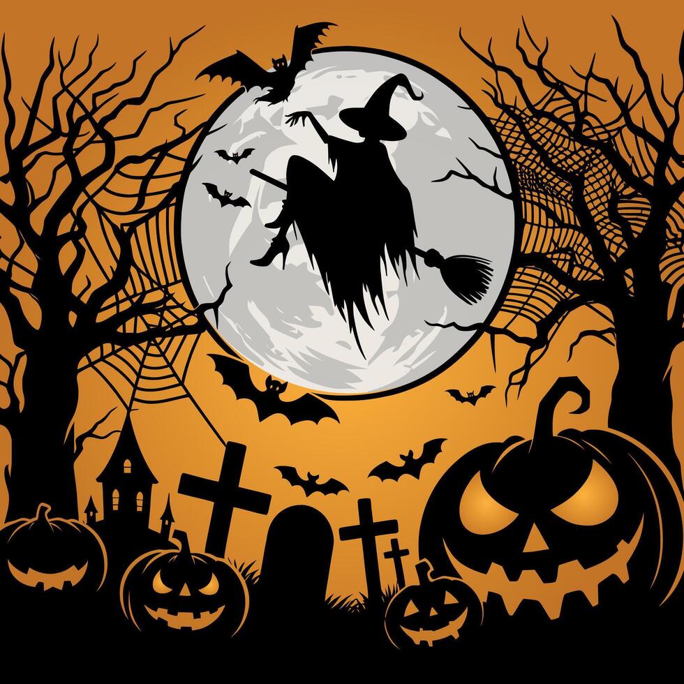silhouettes of Halloween night with ghost and pumpkin template and decoration background vector