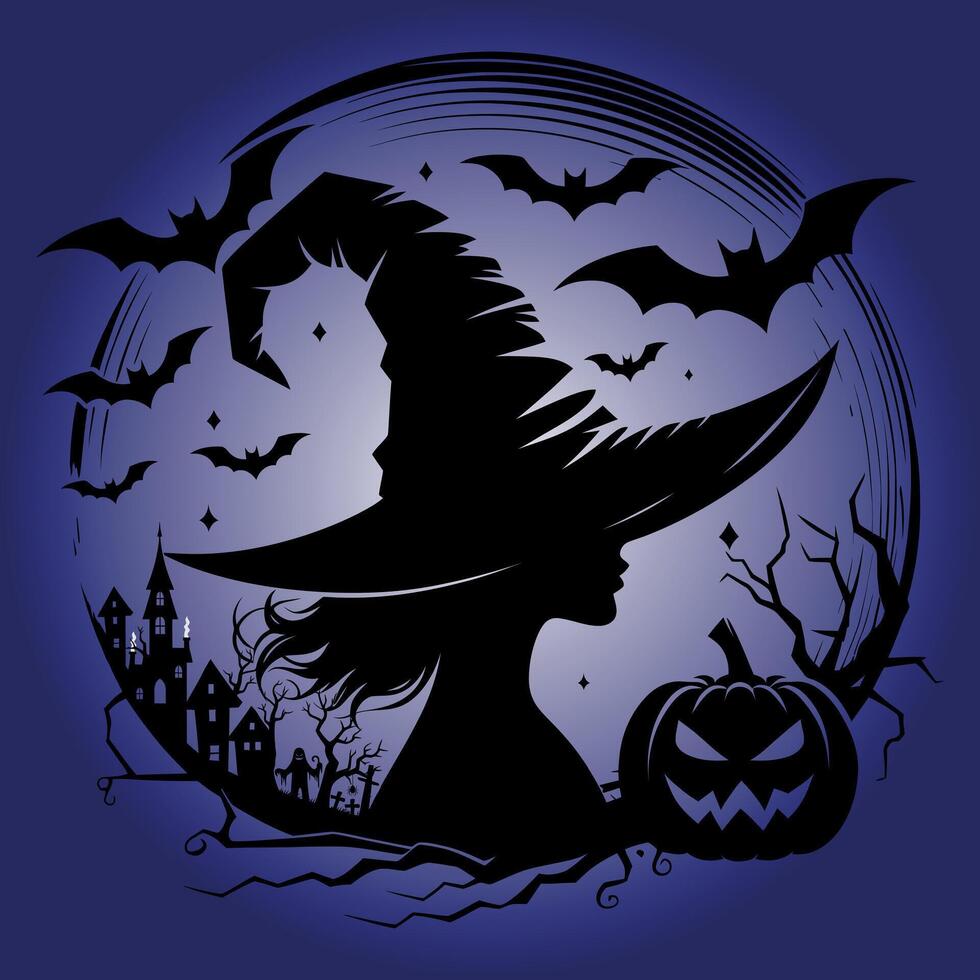 Halloween ghost with hat flying bats horror house and pumpkin isolated silhouette illustration vector