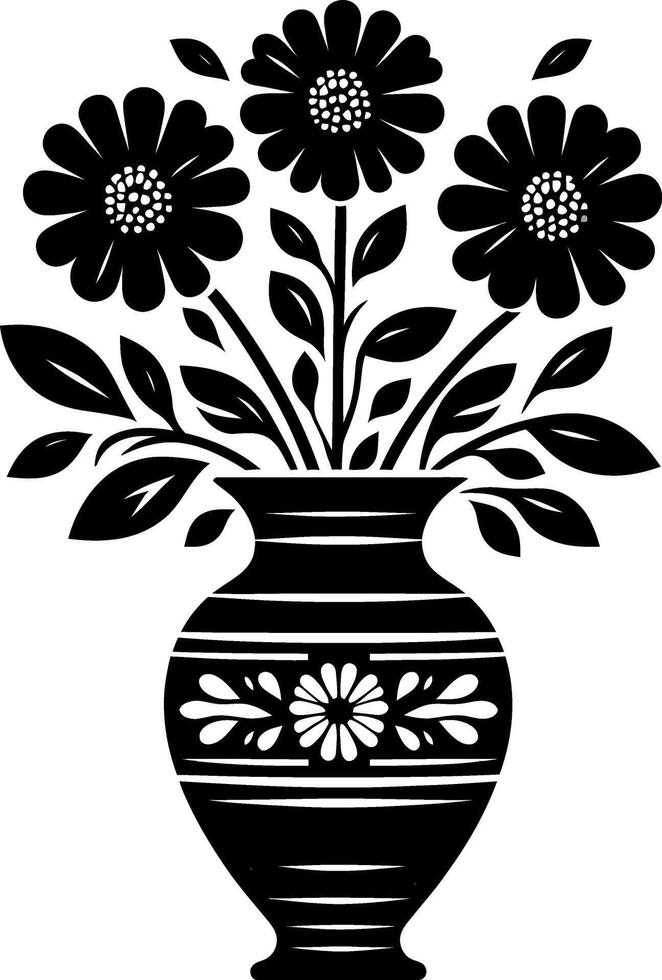 decorative flower vase with flower flat illustration silhouette vector