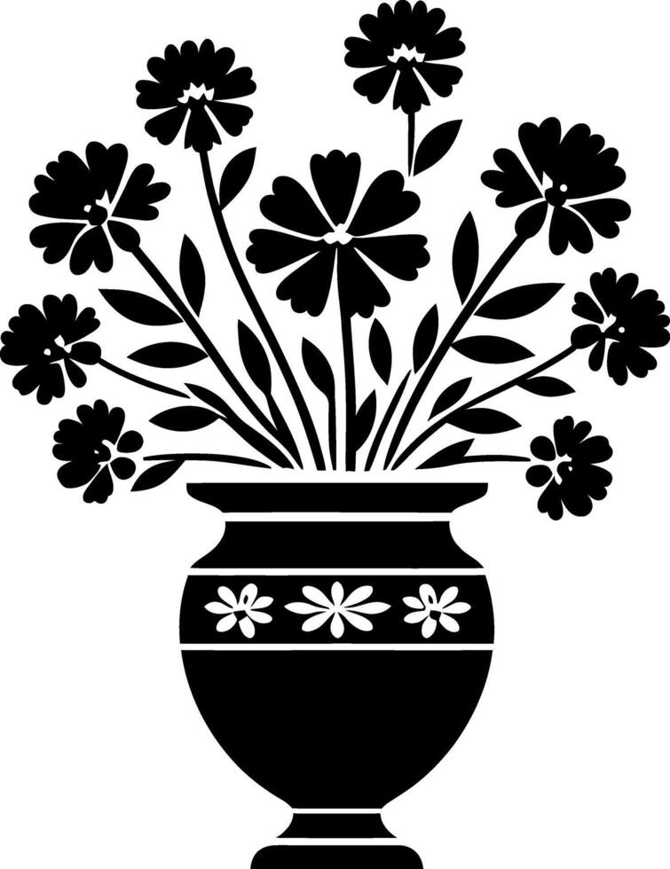 flower pot with flower black and white silhouettes vector