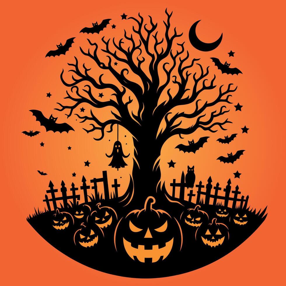 Halloween tree flying bats hanging ghost and pumpkins horror night silhouette illustration vector