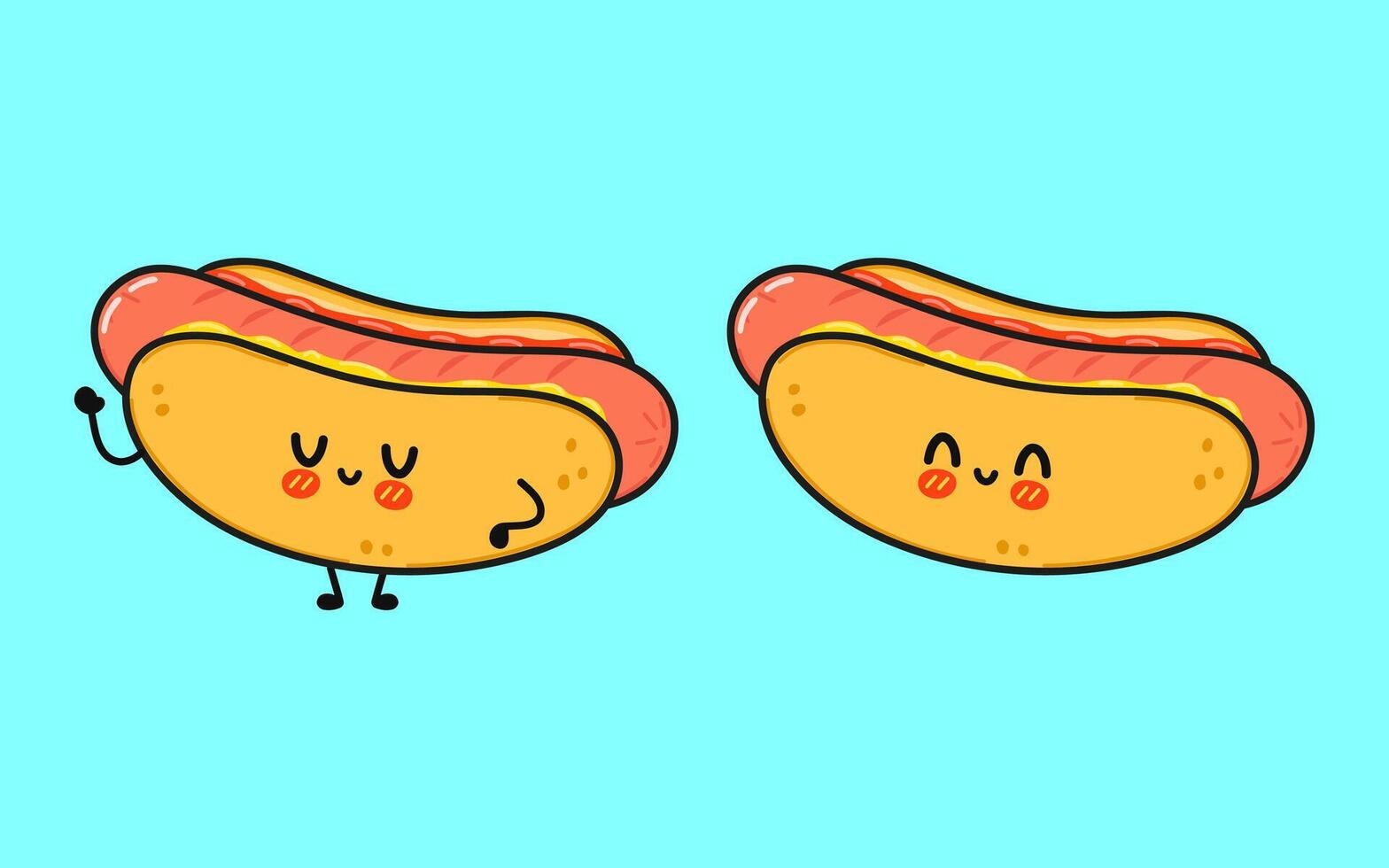Hot dog character. hand drawn cartoon kawaii character illustration icon. Isolated on blue background. Hot dog character concept vector