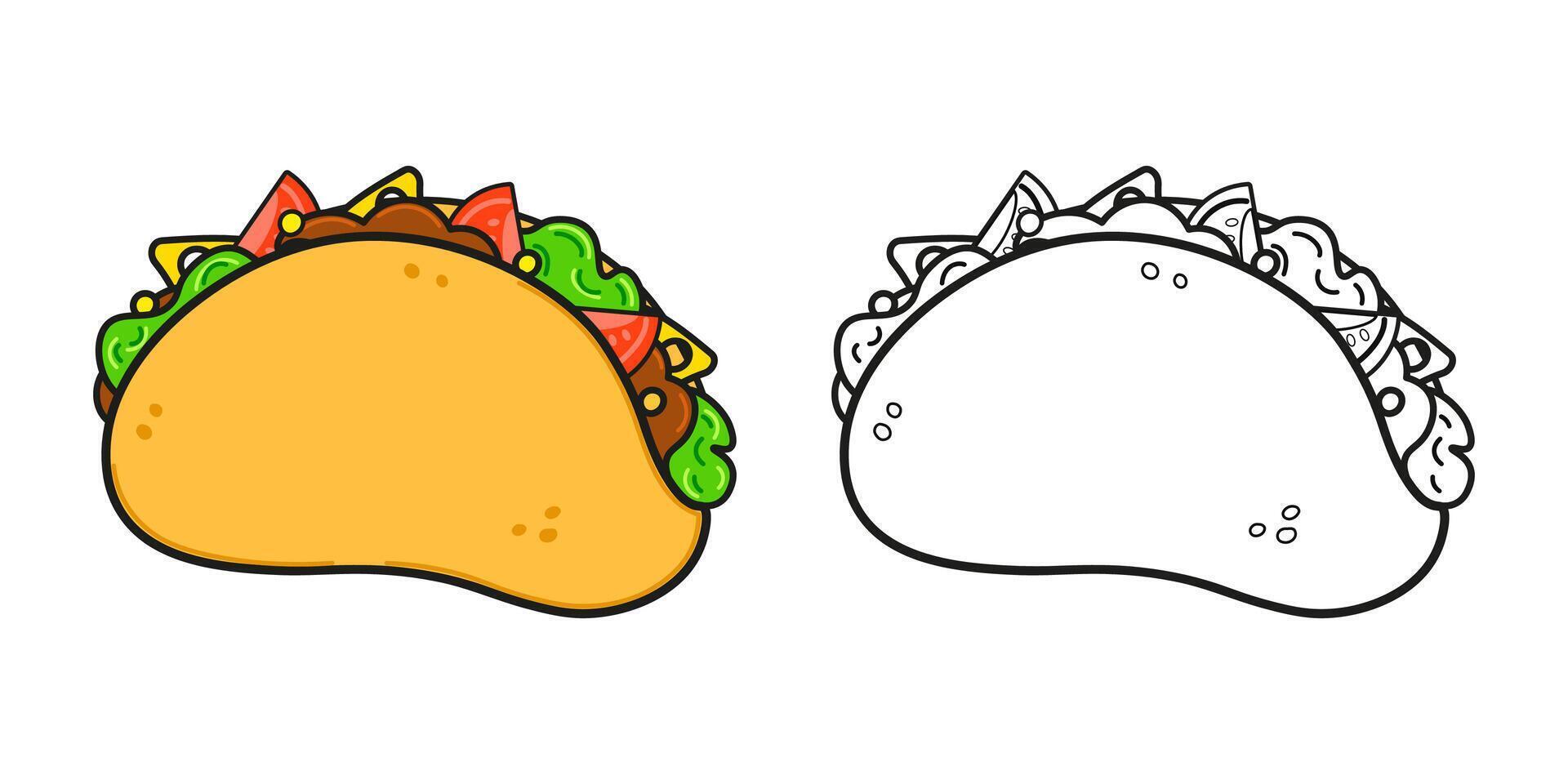 Funny cute happy Taco characters bundle set. hand drawn cartoon kawaii character illustration icon. Cute Taco. Outline cartoon illustration for coloring book vector