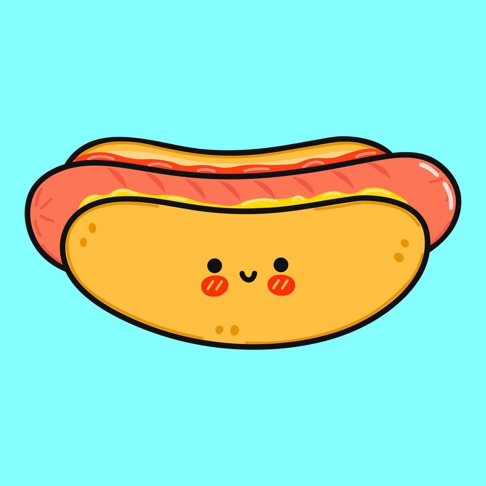 Hot dog character. hand drawn cartoon kawaii character illustration icon. Isolated on blue background. Hot dog character concept vector