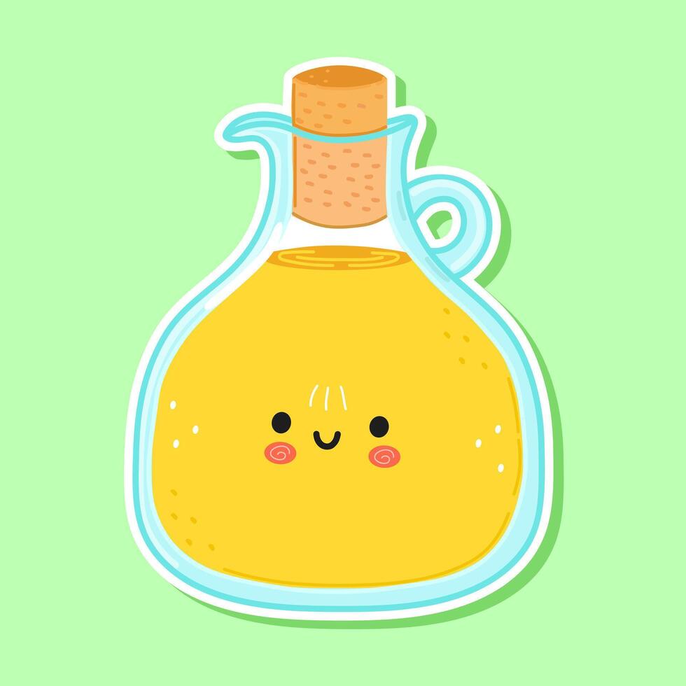 Sticker Olive oil character. hand drawn cartoon kawaii character illustration icon. Isolated on green background. Olive oil character concept vector