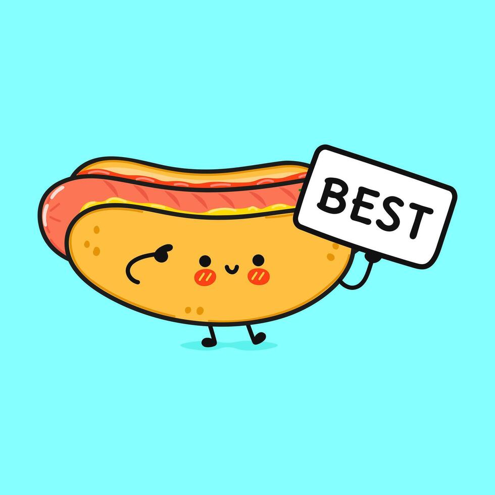 Cute Hot dog with poster best. hand drawn cartoon kawaii character illustration icon. Isolated on blue background. Hot dog think concept vector