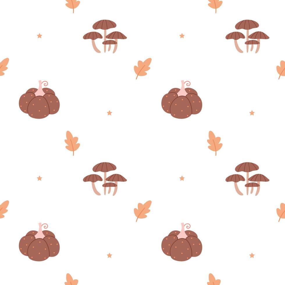 Autumn seamless pattern. Mushrooms, stars, pumpkins and leaves on a white background. vector