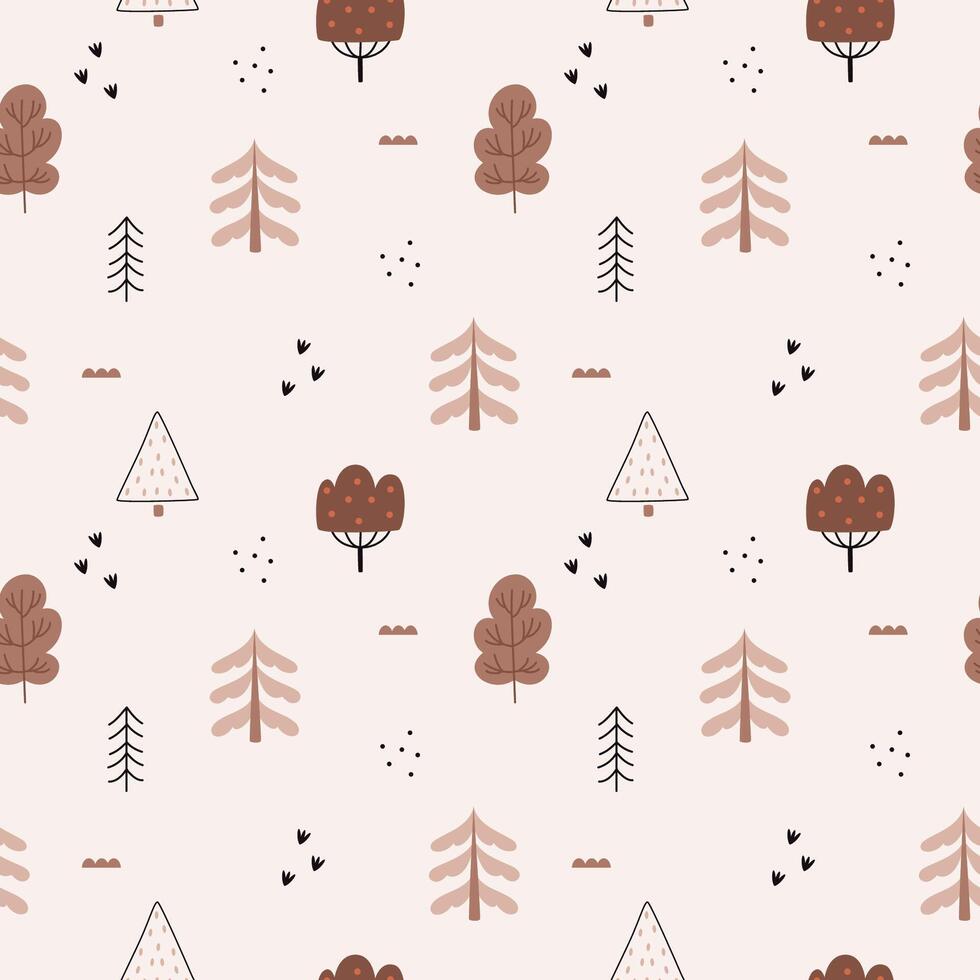 A simple, cozy,autumn pattern in a minimalist forest herringbone,trees acorns, leaves and graphic elements pattern in a Scandinavian style. vector