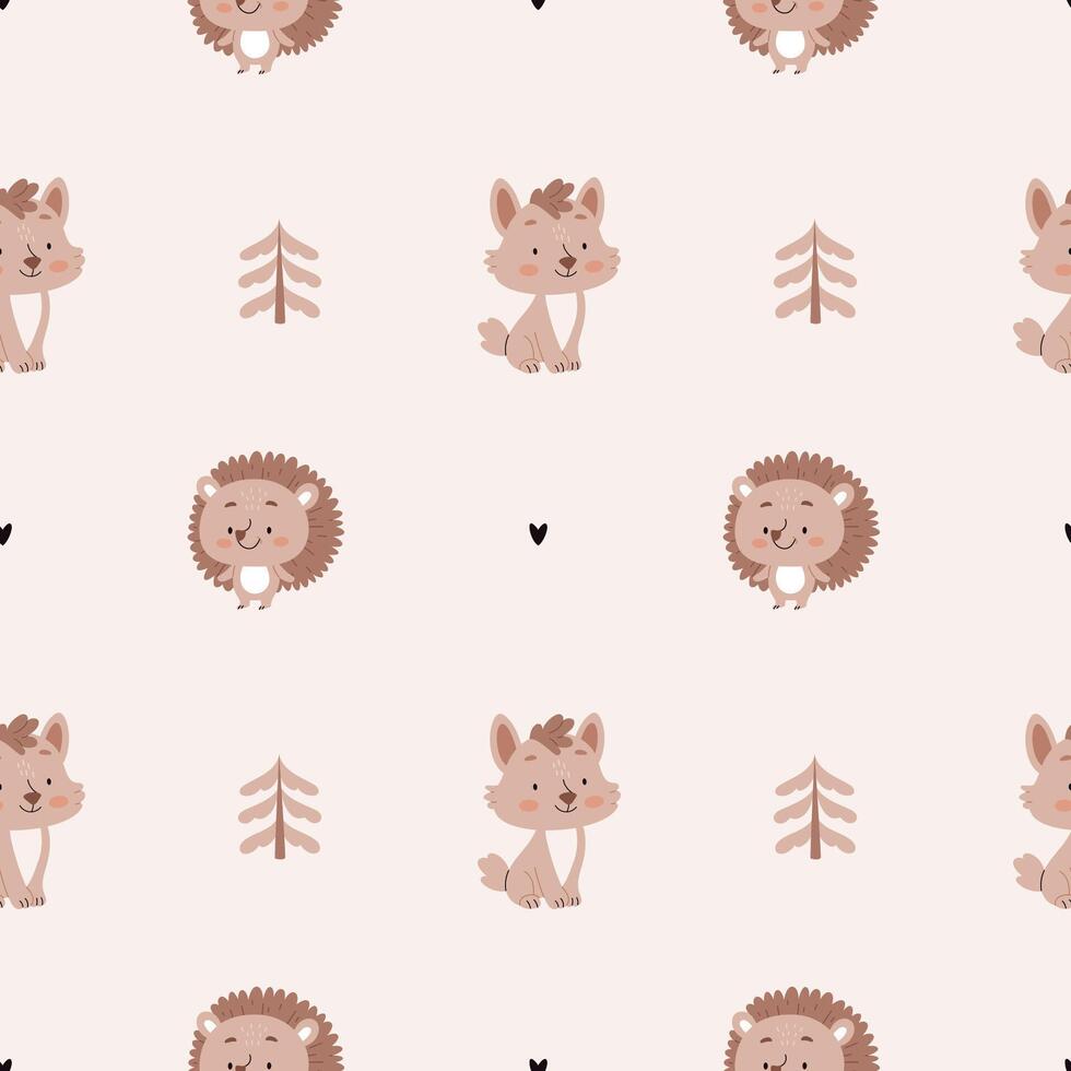 A simple, cozy,autumn pattern in a minimalist forest hedgehog, wolf, leaves, Christmas trees, trees, pines, graphic elements pattern in a Scandinavian style. vector