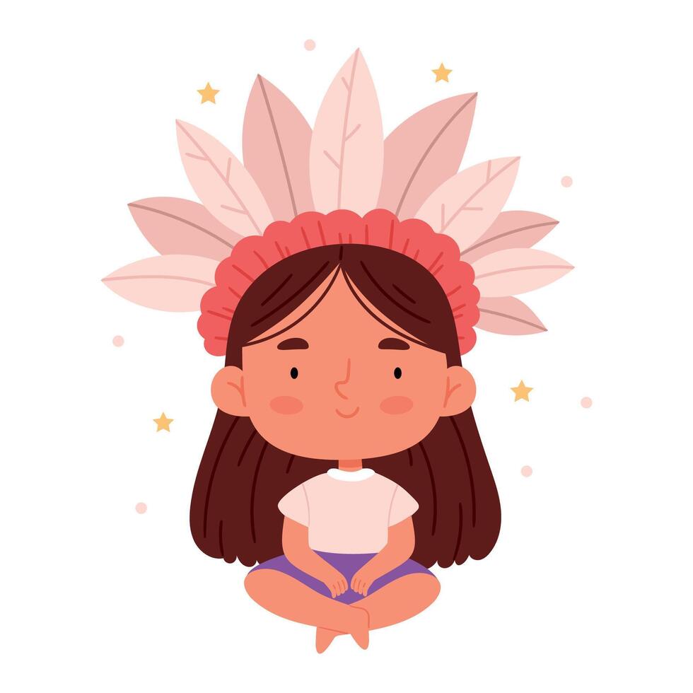 A little native american girl in an Indian feather wreath. Portrait of a young girl in boho chic style. vector