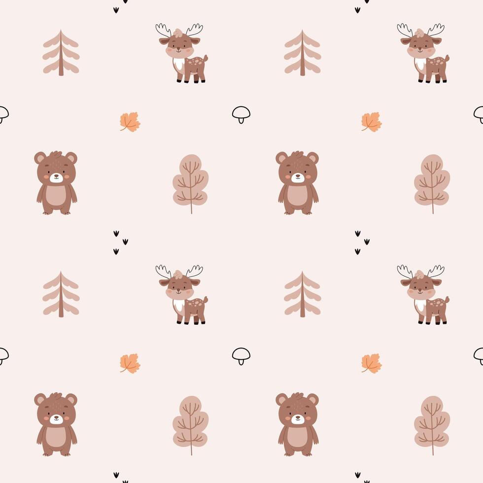 Untitled-2A simple, cozy,autumn pattern in a minimalist forest bears, deer, leaves, Christmas trees, trees, pines, graphic elements pattern in a Scandinavian style. vector