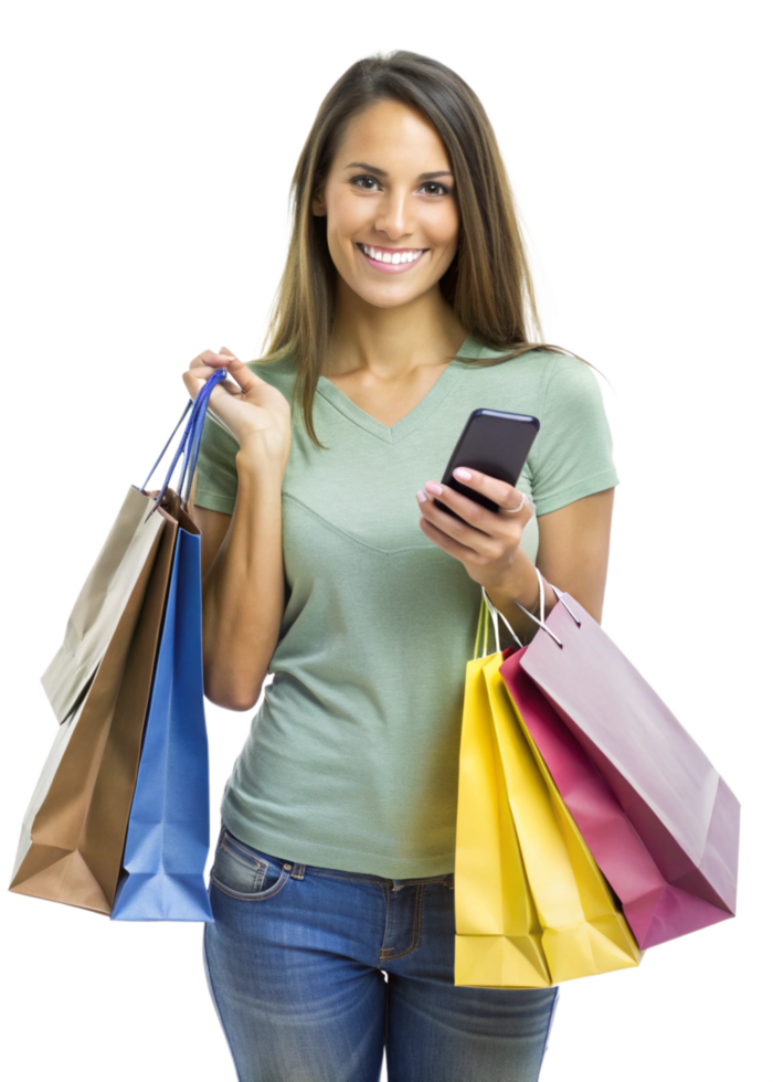 Joyful Woman with Shopping Bags and Phone png