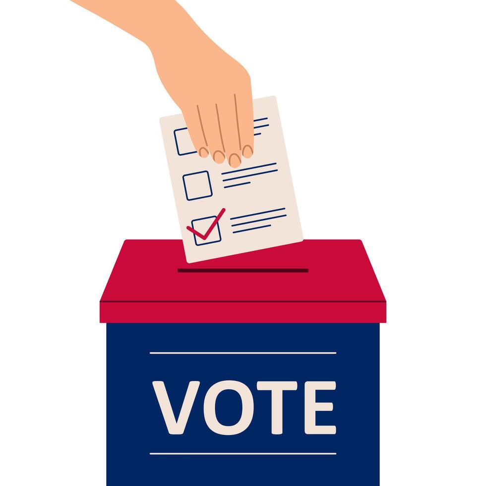 Election 2024. Hand put ballot paper into voting box. Voting concept. Flat isolated illustration vector