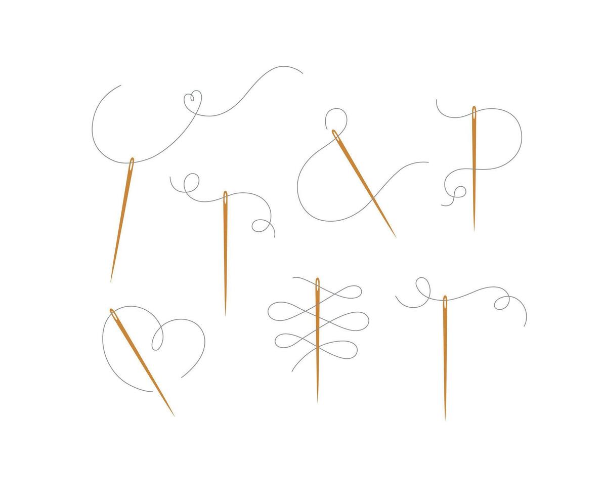 Needles and curly threads collection in different positions drawing on white background vector