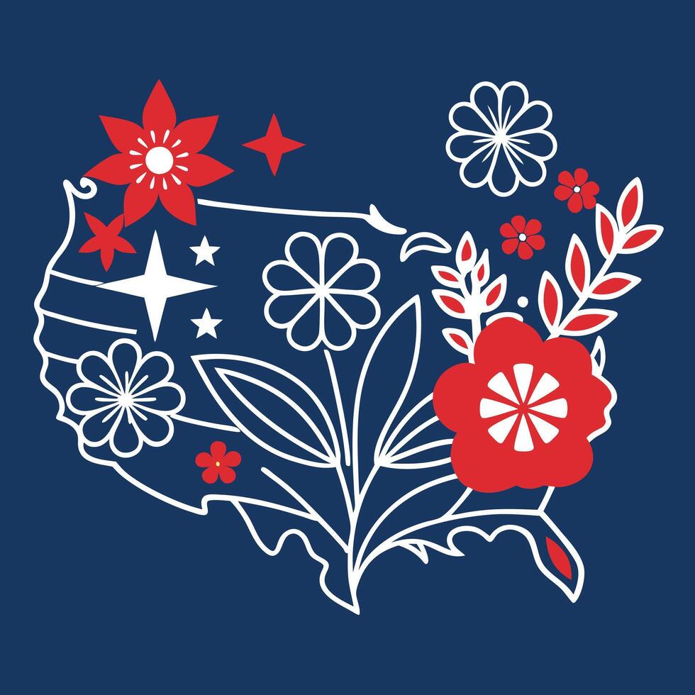 usa patriotic floral line silhouette . vector